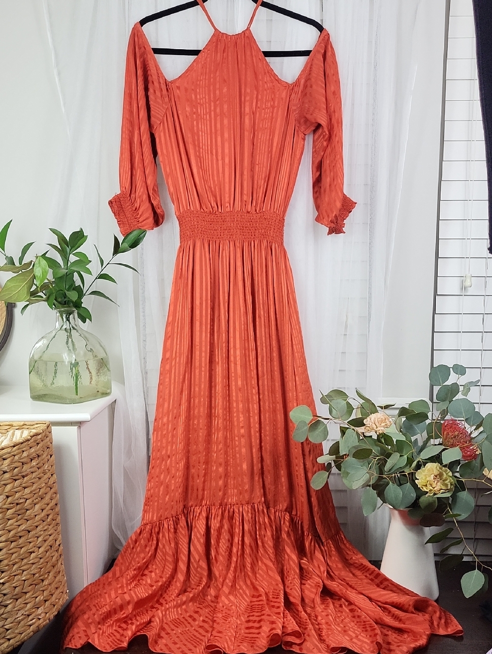 Calypso St. Barth Terracotta Cold-Shoulder Maxi 100% silk Dress. Size M
